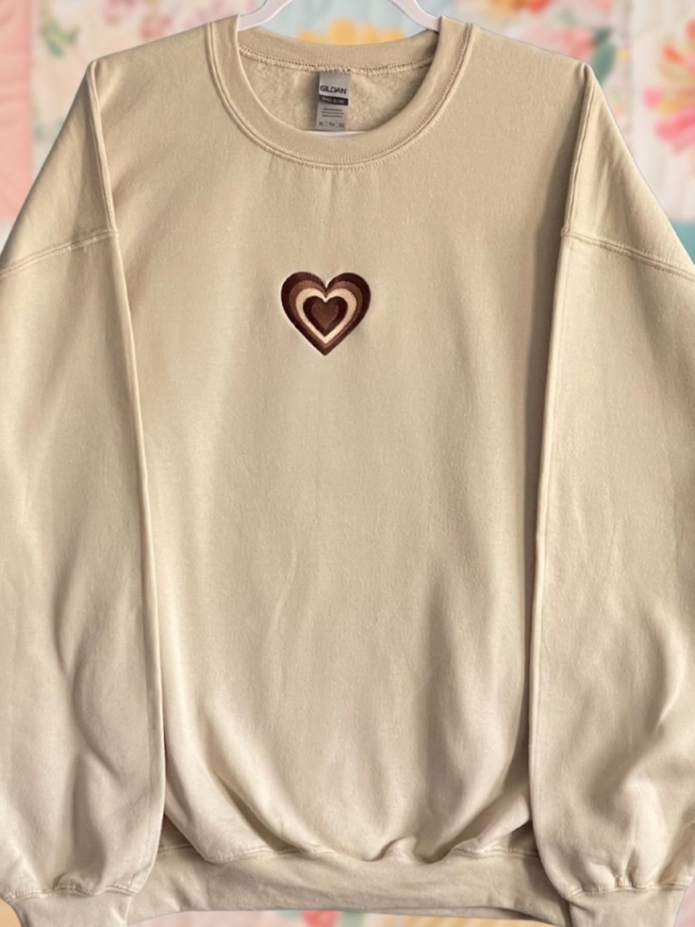 Embroidered Layered Heart Beige Crewneck Sweatshirt
